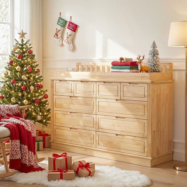 slide 2 of 18, Solid Pine Wood Dresser with Changing Topper, 10-Drawer Nursery Dresser with Anti-Tipping Device Baby Changing Table