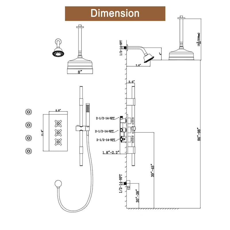 8-In Ceiling Mounted Shower System with Sliding Bar and 4 Body Sprays