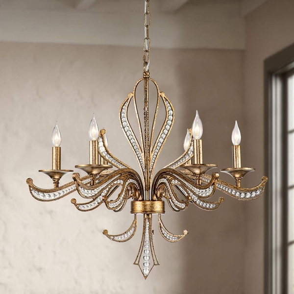 6 Light Mid Century Modern Transitional Antique Silver Round Hand Beaded Crystal Candle Large Chandelier