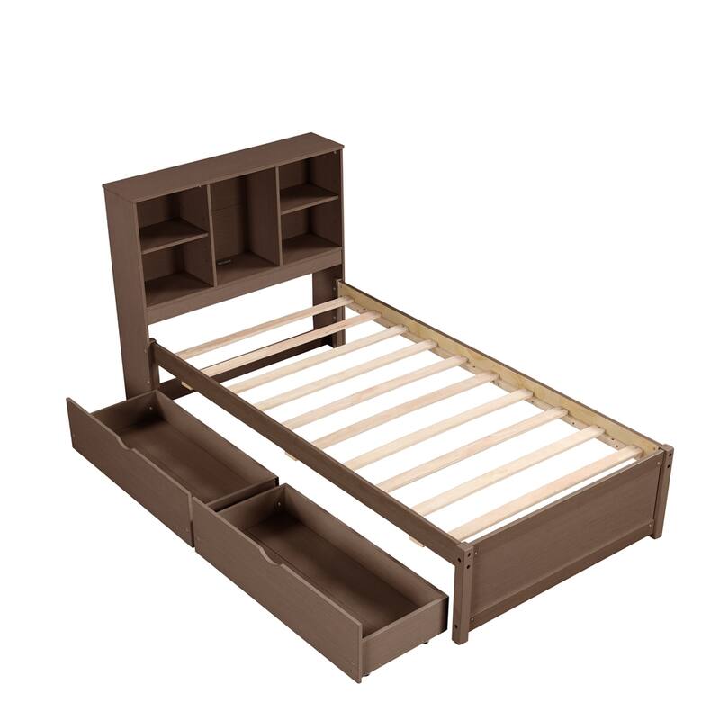 Twin Size Bed W/ Built-in USB Port on Bookcase Headboard,2 Drawers