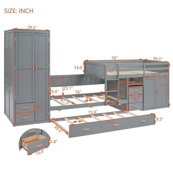 dimension image slide 1 of 2, Twin Bunk Bed with Trundle, Desk, Wardrobe & Drawers - Multi-Functional Bed, Grey