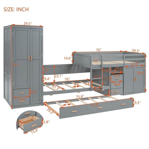 dimension image slide 1 of 2, Twin Wooden Bunk Bed with Trundle, Cabinet, Wardrobe, Desk and Drawers