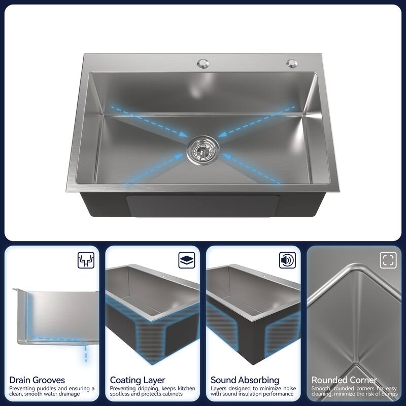 Dark Gray 30 Inch Single Bowl Overmount Kitchen Sink 304 Stainless Steel Brushed Finish with Grid Drain - 30" L × 19" W × 10" H