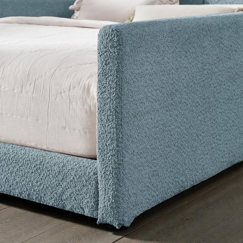 Full Size Upholstered Platform Bed with Rabbit Ear Headboard, Boucle Fabric Kids Bed with Safety Rail and Pocket