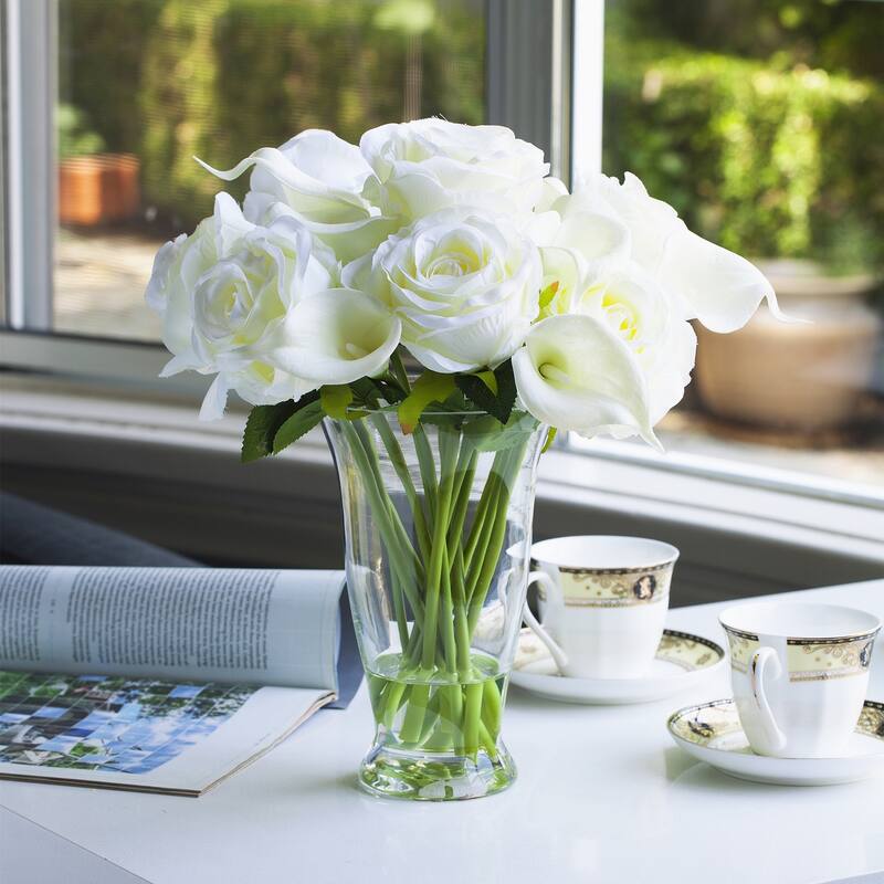Enova Home Artificial Mixed Real Touch Lily and Silk Roses Fake Flowers Arrangement in Clear Glass Vase for Home Office Decor