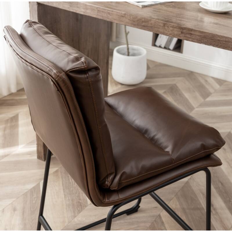 Metal Frame Bar Stools Set of 2, Faux Leather Upholstered Counter Height Bar Chair with Footrest for Kitchen, Dining Room