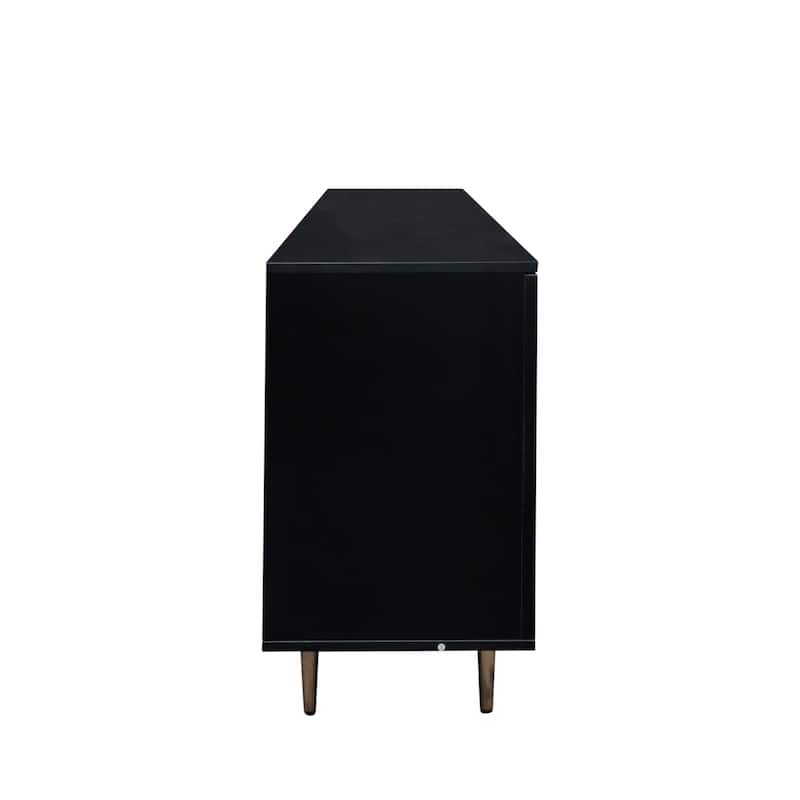 Contemporary Black Rattan Storage Cabinet With Adjustable Shelves – Versatile Console Table For Kitchen, Living Room.