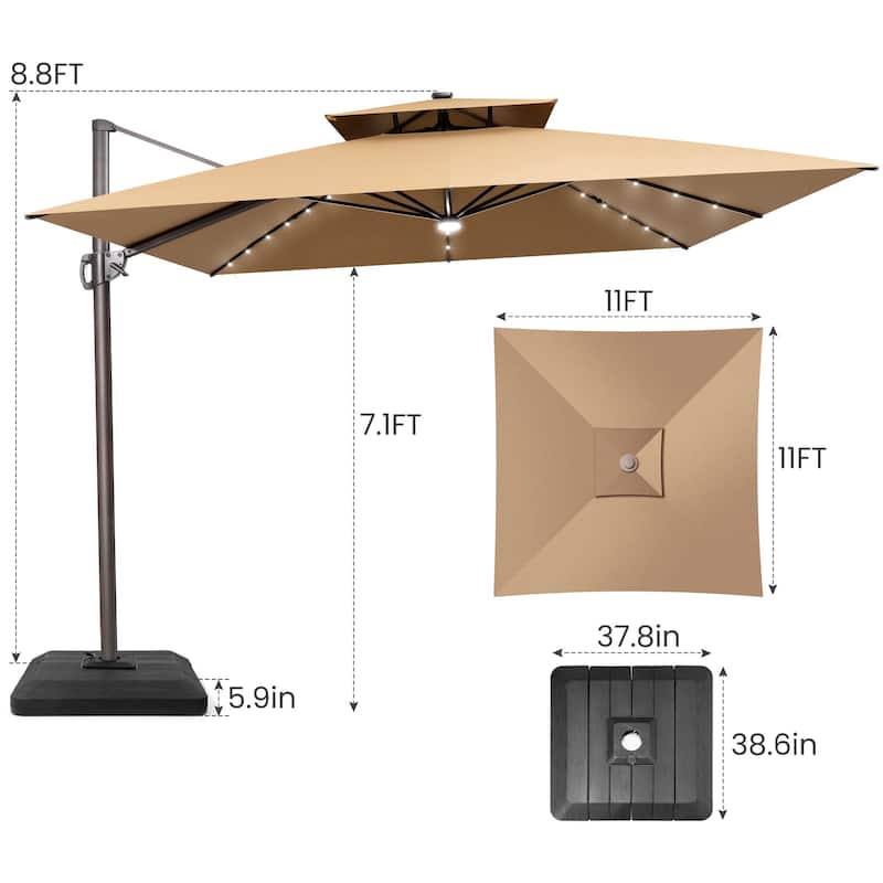 11FT Patio Cantilever Umbrella LED Lights Double Top Umbrella with 4-Piece Fillable Weighted Base