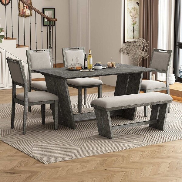 6 PCS Retro Dining Set for 6 with 4 Upholstered Chairs & Bench