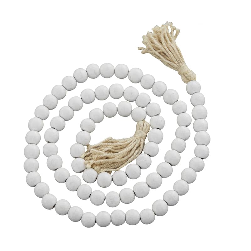 Mango Wood Handmade Round Long Carved Beaded Garland with Tassel - Roche River Decor - White - 80"L
