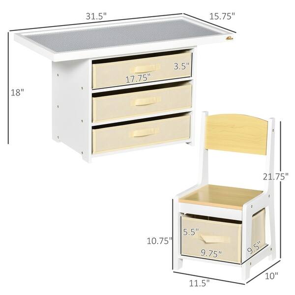 dimension image slide 1 of 2, Qaba 2-in-1 Activity Table and Chair Set, Modern Kids Writing Desk Set, Bricks and Roads Style Table and Chair Set, White