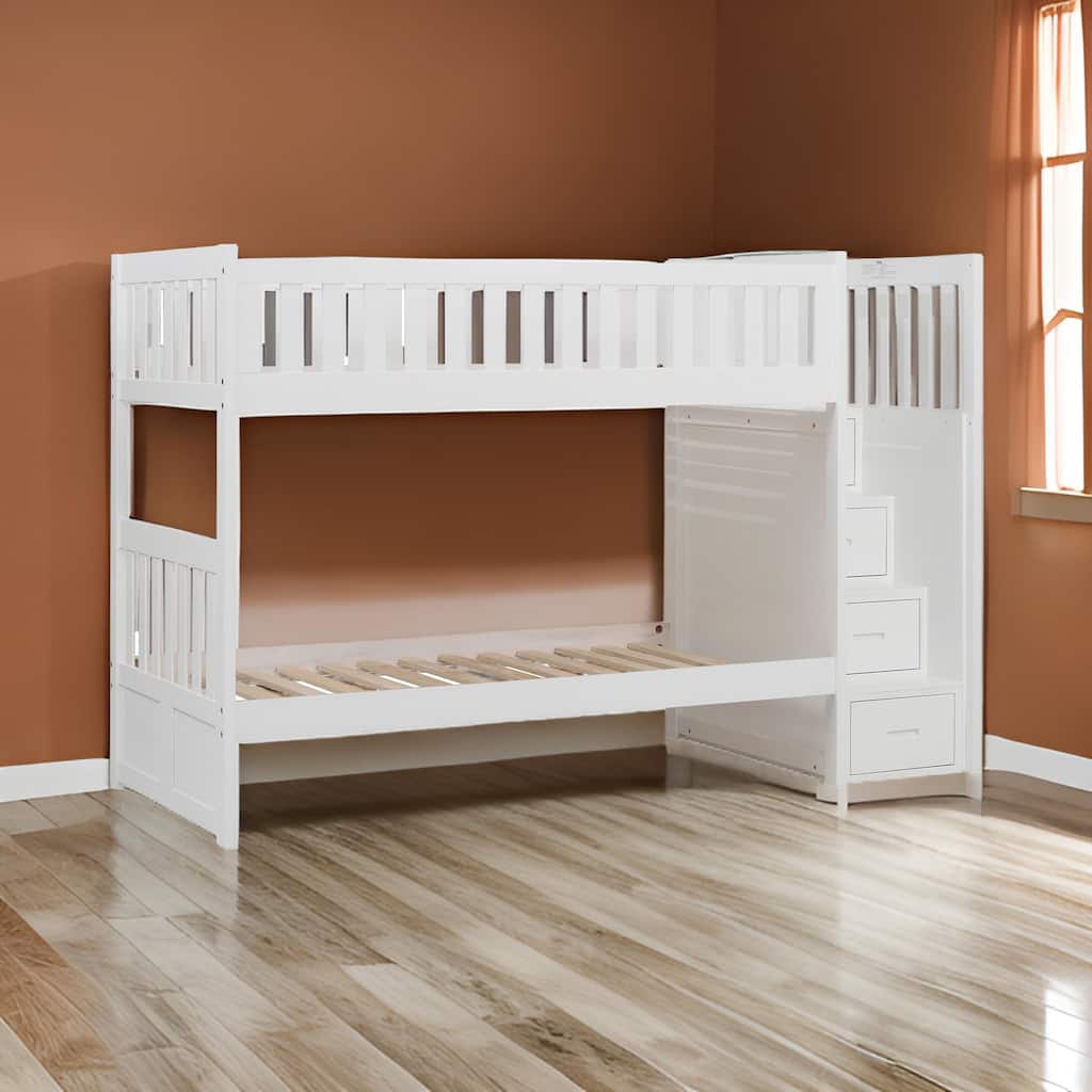 Catherine Twin over Twin Bunk Bed, Storage Step, White Veneer, Solid Wood