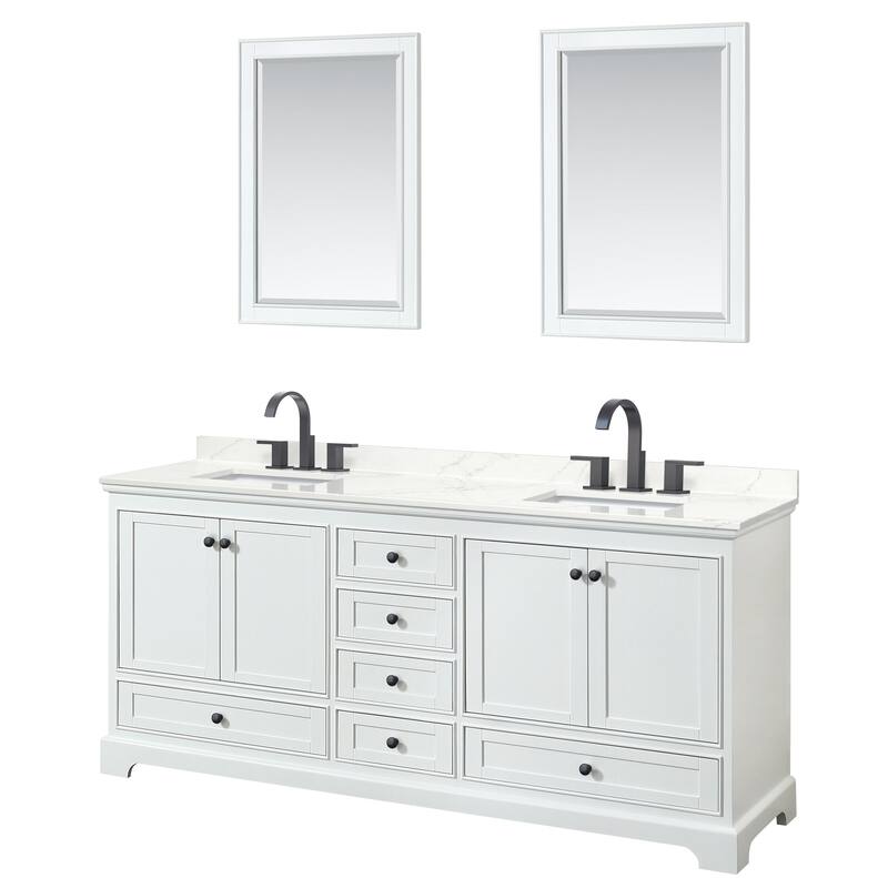 Deborah 80-inch Double Vanity, Quartz Top, 24-inch Mirrors - White, Black Trim, Giotto Quartz Top