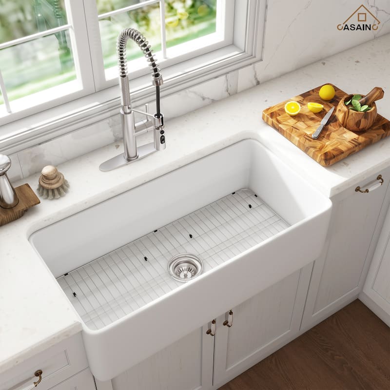 Farmhouse/Apron-Front Single Bowl Fireclay Kitchen Sink with 3-Function Pull-Down Kitchen Faucet, Grid, and Basket Strainer
