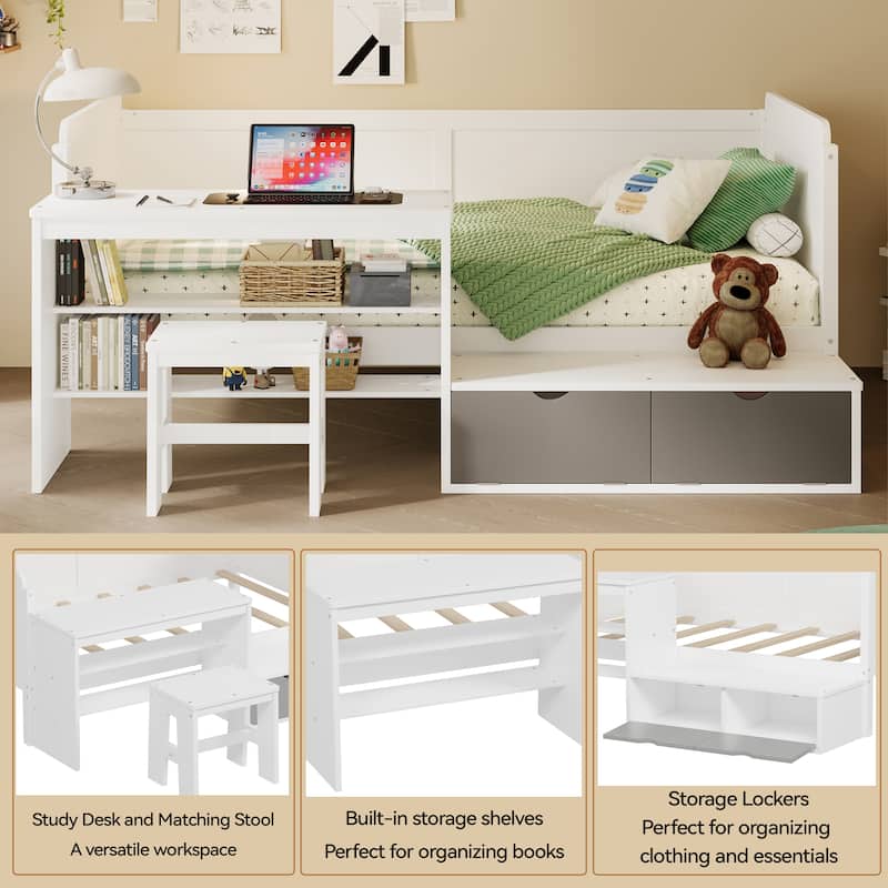 All-in-one Daybed with Built-in Study Desk and Matching Stool, Wood Panel Bed Frame with Storage Shelves and Lockers