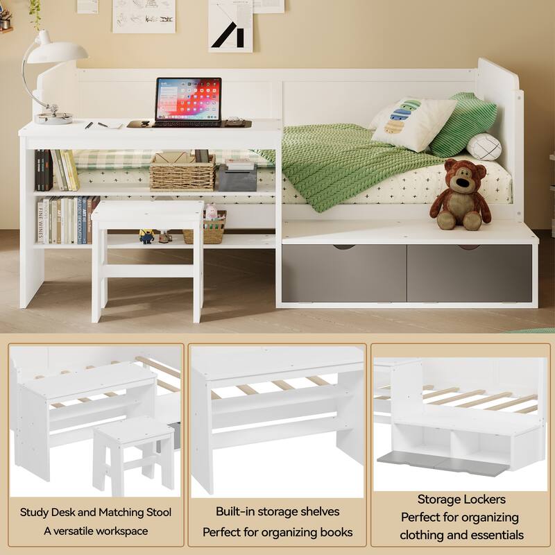 All-in-one Daybed with Built-in Study Desk and Matching Stool, Wood Panel Bed Frame with Storage Shelves and Lockers