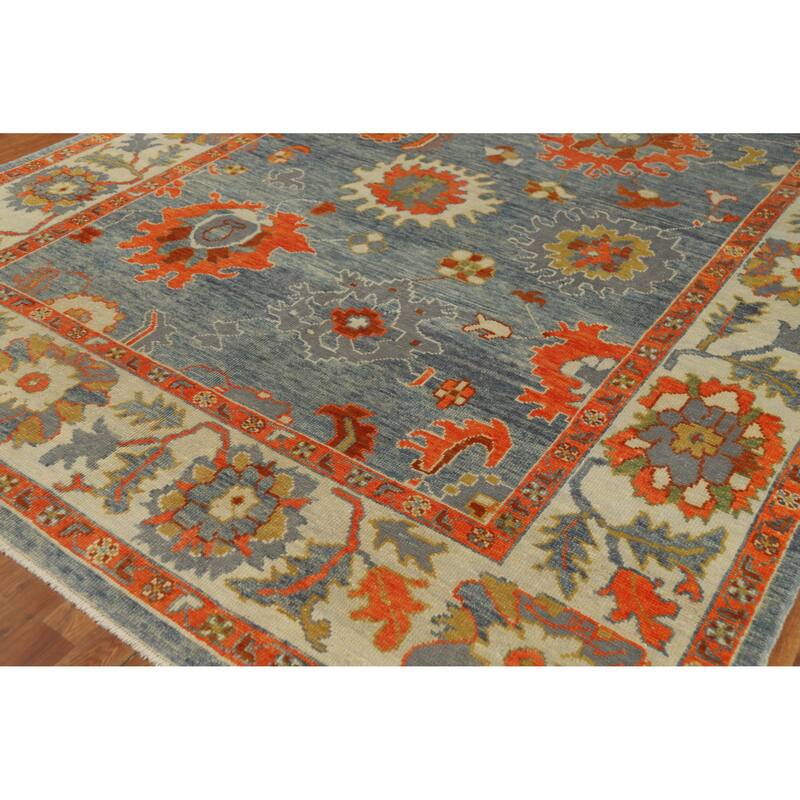 Hand Knotted Oriental 100% Wool Carpet Transitional All-Over Navy Blue & Blues Oushak Area Rug - 10' 6'' X 7' 11''