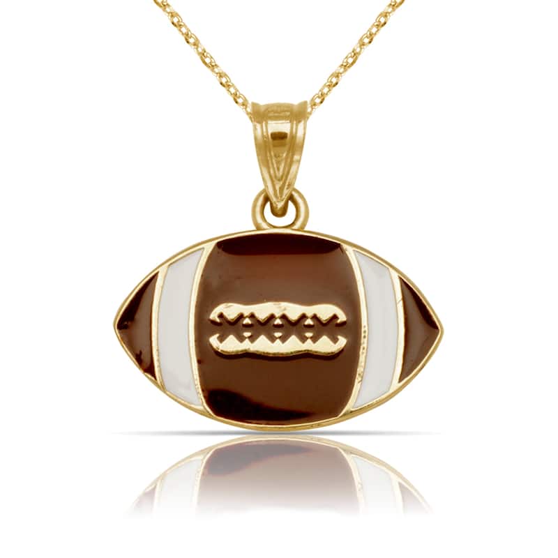 Curata 14K Yellow Gold 18" Brown Enamel Flat Football Ball Pendant Necklace Necklace