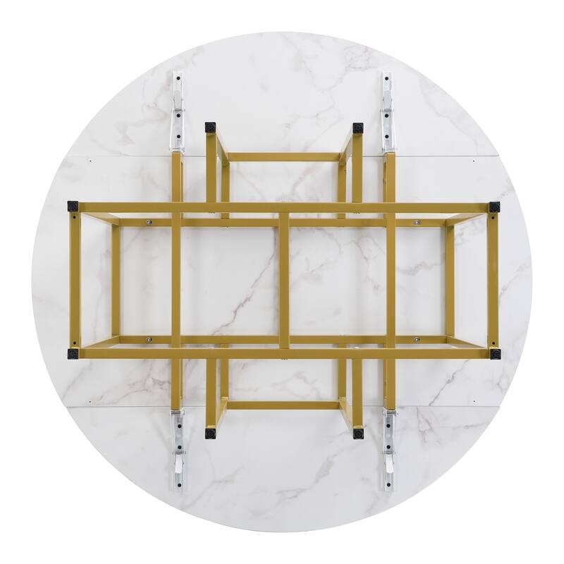5-Piece Extendable Kitchen Dining Table Set- Round Faux Marble Top, 4 Upholstered Chairs, Compact Foldable Design