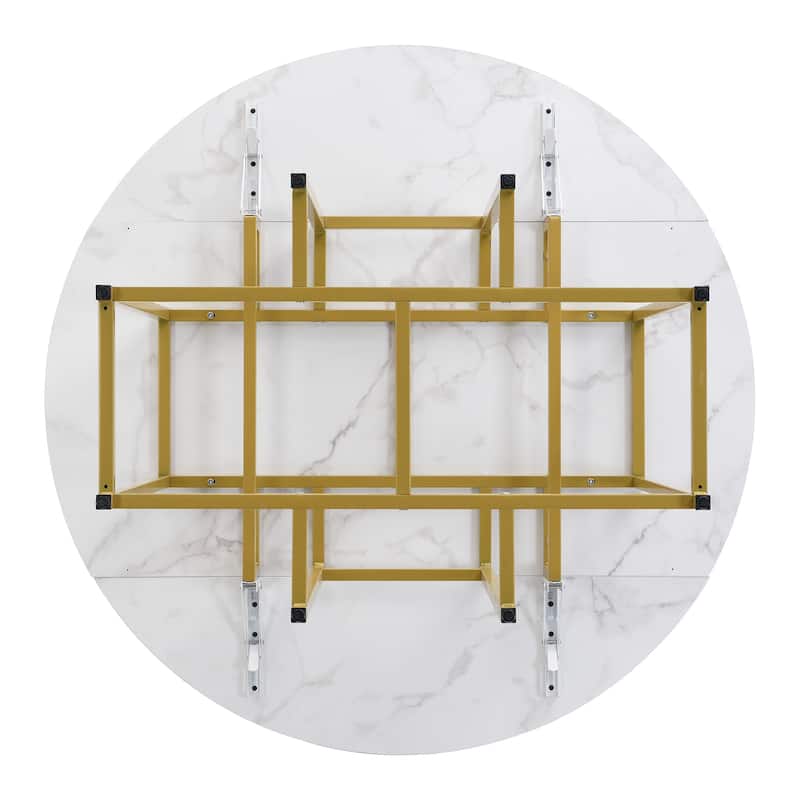 Roomfitters Space-Saving 5-Piece Extendable Dining Table Set with Round Faux Marble Top, 4 Upholstered Chairs
