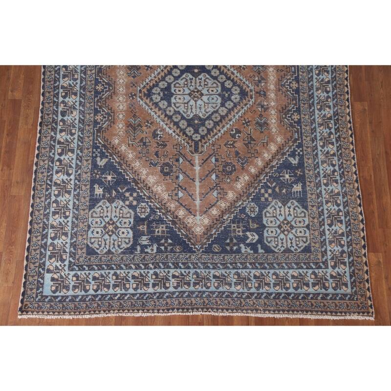 Hand Knotted Oriental 100% Wool Carpet Traditional Tribal Navy Blue & Blues Heriz Area Rug - 9' 6'' X 6' 7''