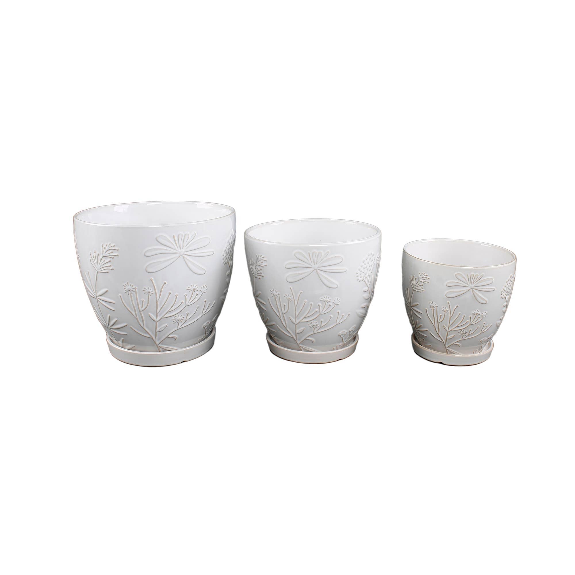 Set of 3 Ivory 10" & 8" & 6.75" Jungle Flowers Ceramic Pot