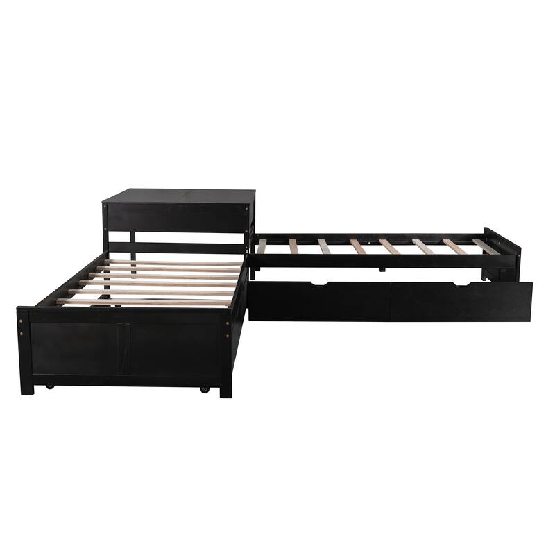 Twin Size Platform Bed with Built-in Desk and Drawers Linked, L-Shaped Trundle, Wooden Support Bed Frame No Box Spring Needed
