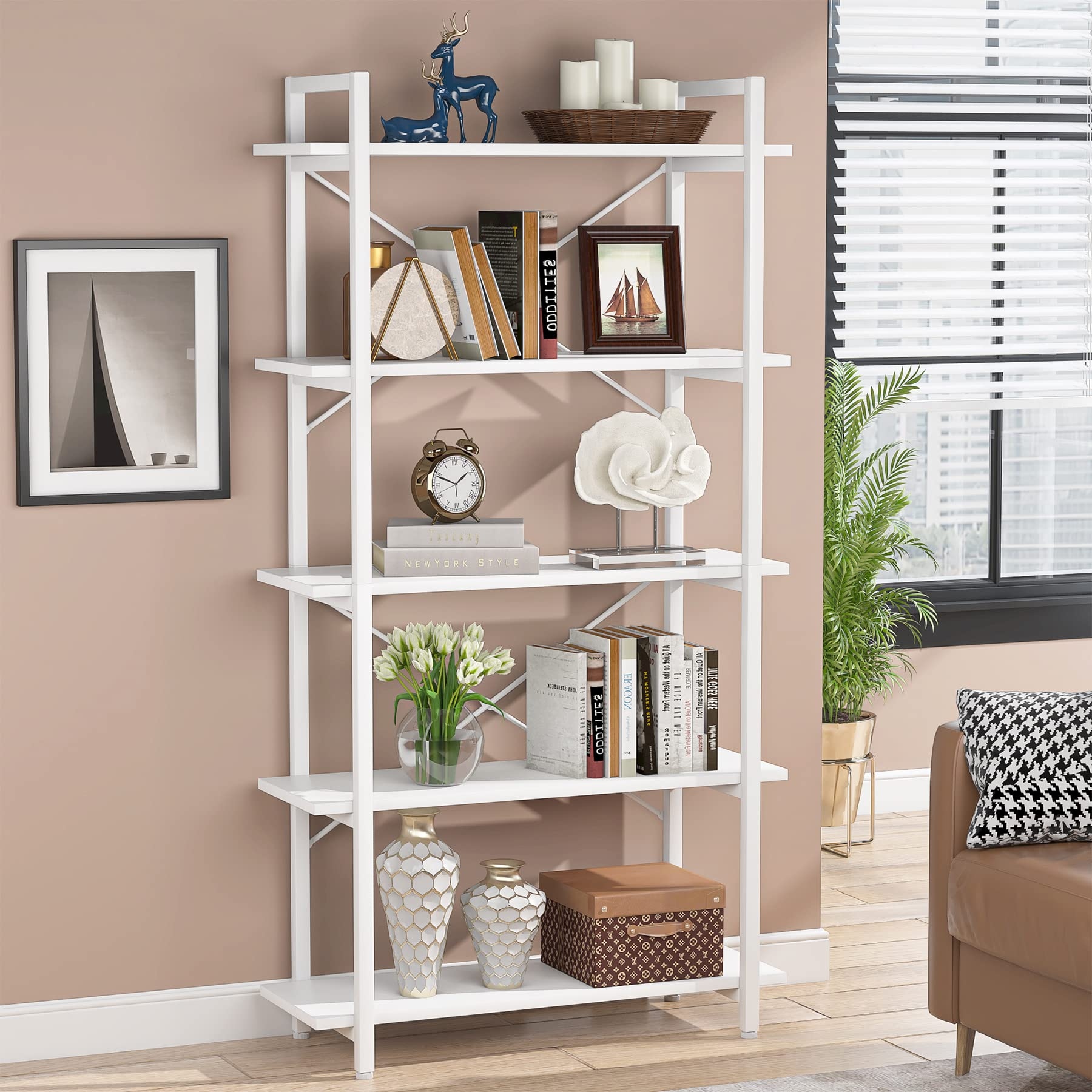 5 Tier White Bookshelf Modern Etagere Bookcase with Metal Frame