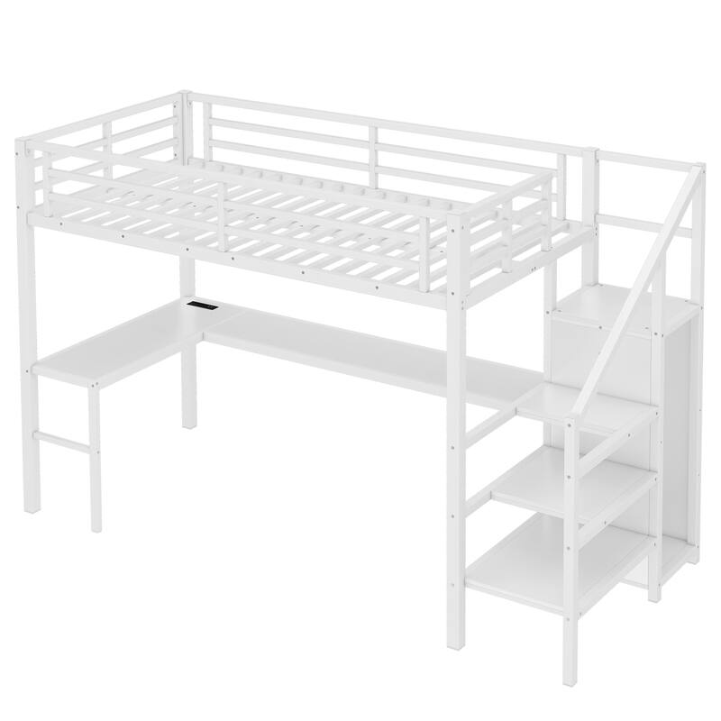 Twin XL Size Loft Bed with L-shaped Desk and USB, Metal Loft Bed with Wardrobe and Adjustable Shelf, High Loft Bed with LED