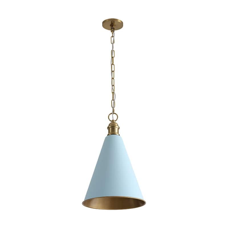 Scandinavian Aged Brass Light Blue Iron Conical Pendant Light