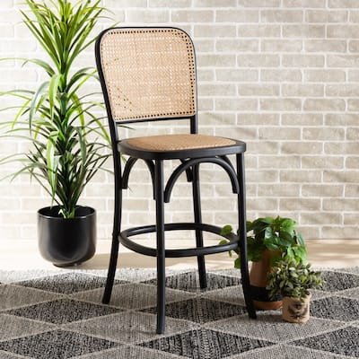 Vance Mid-Century Modern Woven Rattan and Wood Counter Stool