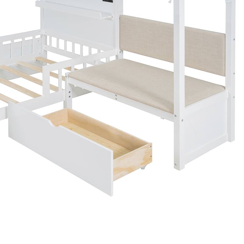 Stylish Twin House Bed with Sofa, Charging Station, Drawers & Shelves, Perfect for Space-Saving Comfort