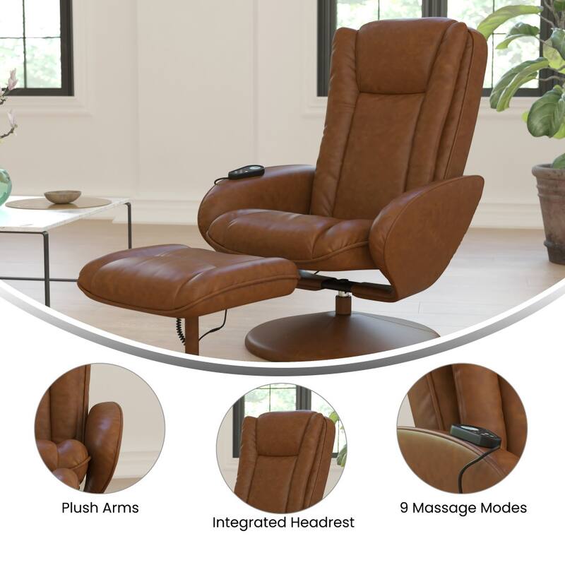 LeatherSoft Massaging Multi-Position Recliner w/Side Pocket & Ottoman