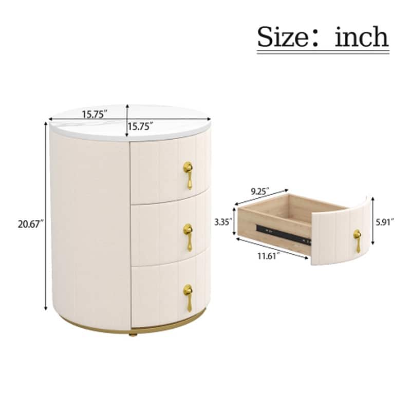 Velvet Nightstand with Storage, Round /Square Bedside Table with 3 Drawers, Metal Handles,Marbling Stickers Top