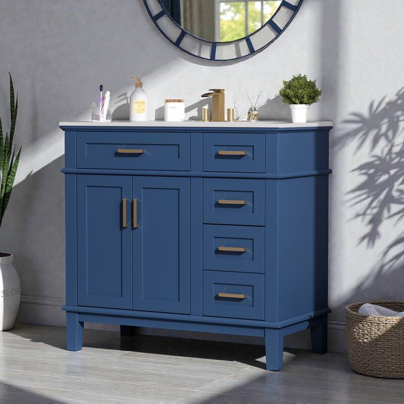 36 Inch Modern Bathroom Vanity with Ceramic Sink, Freestanding Cabinet with Soft Close Doors and 4 Drawers