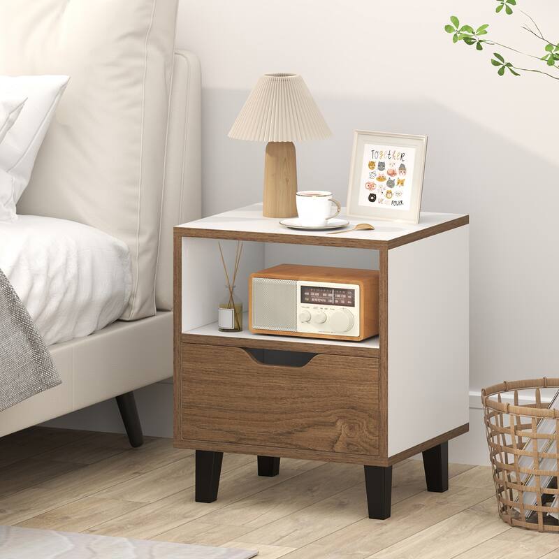 Gymax 2PCS Nightstand Mid Century Modern Bedside Table w/ Drawer Open