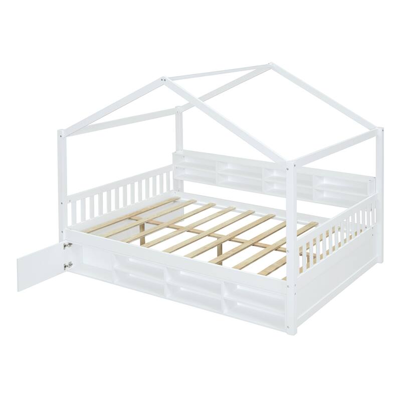 Full Wooden House Bed with Shelves and Mini-Cabinet - White/Gray