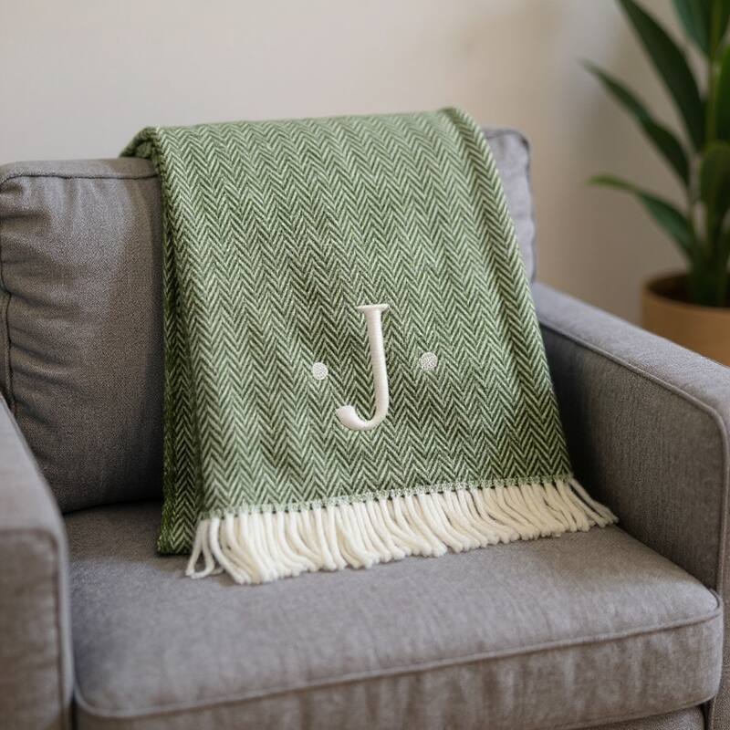 HomeRoots 55" X 70" Moss Green And White Herringbone Cotton Blend J Throw Blanket with Tassels And Embroidery - Throw - Moss Green/White