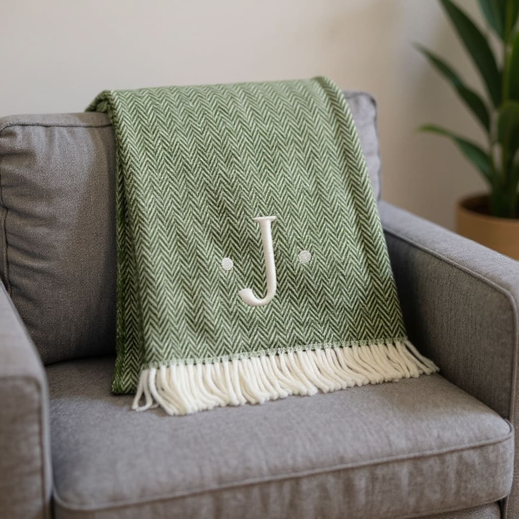 HomeRoots 55" X 70" Moss Green And White Herringbone Cotton Blend J Throw Blanket with Tassels And Embroidery