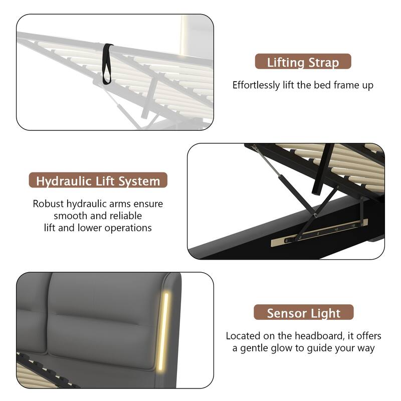 Queen Size Upholstered Hydraulic Platform Bed with Lift-Up Storage, Sensor LED Nightlight, PU Leather Frame
