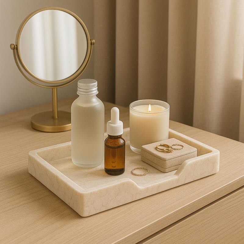 Creative Home Champagne Marble Scalloped Vanity Tray, Bath Towel Organizer Tray, Bathroom Accessory Organizer - Beige