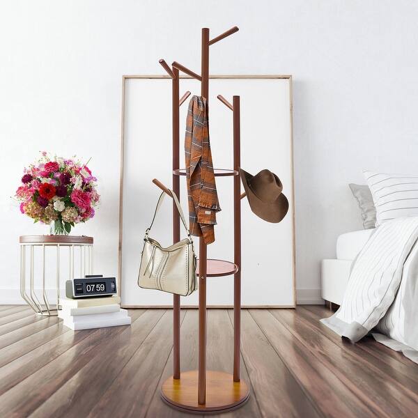 Freestanding Wooden Clothes Coat Rack w/ 3 Storage Shelves Bed Bath