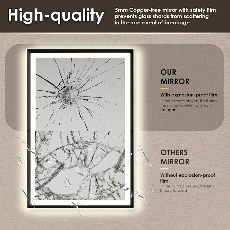 Apollo Rectangular Anti-Fog Dimmable Modern Bathroom/Vanity LED Lighted Wall Mirror in Matte Black Aluminum Framed