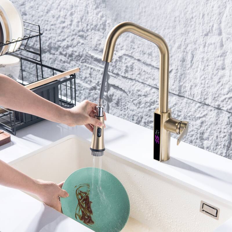 Single Handle Single Hole Pull Out Kitchen Sink Faucet with Temperature Display