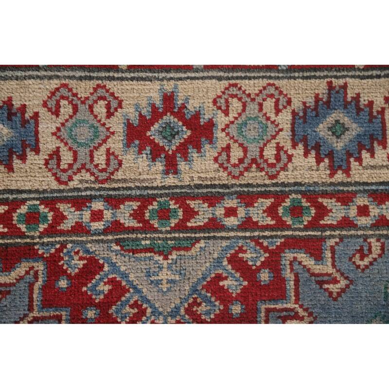 Hand Knotted Oriental 100% Wool Carpet Traditional Geometric Navy Blue & Blues Kazak Runner Rug - 8' 11'' X 2' 9''