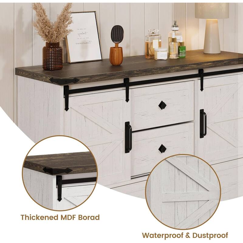 Farmhouse 4 Drawer Dresser for Bedroom 45" Wood Dressers with Sliding Barn Doors TV Stand