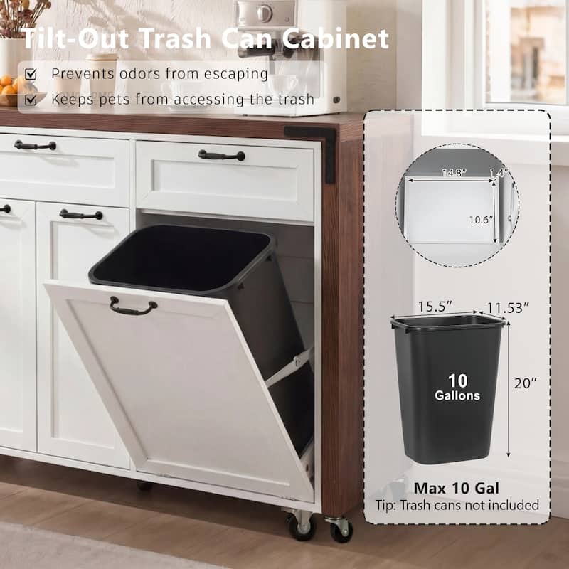 102.3" Kitchen Island with Extendable Dining Table, Trash Storage Cabinet & 3-Tier Pull-Out Spice Rack