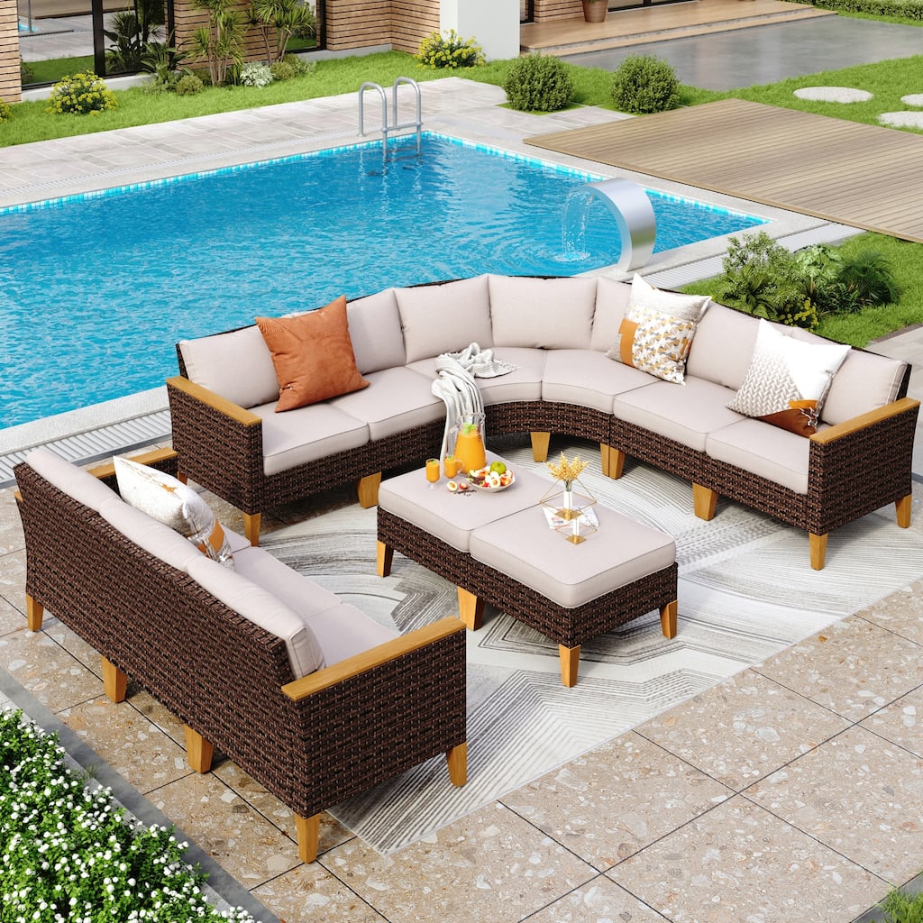 11-Piece Outdoor Wicker Half-Round Furniture Set, Half-Moon Sectional Sofa Set All Weather Rattan Curved Conversation Sets