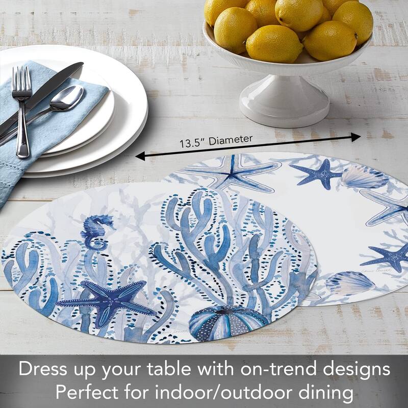 Wipe-Clean Reversible Round Shaped Placemats, Indigo Coastal, Set of 4, Made in The USA