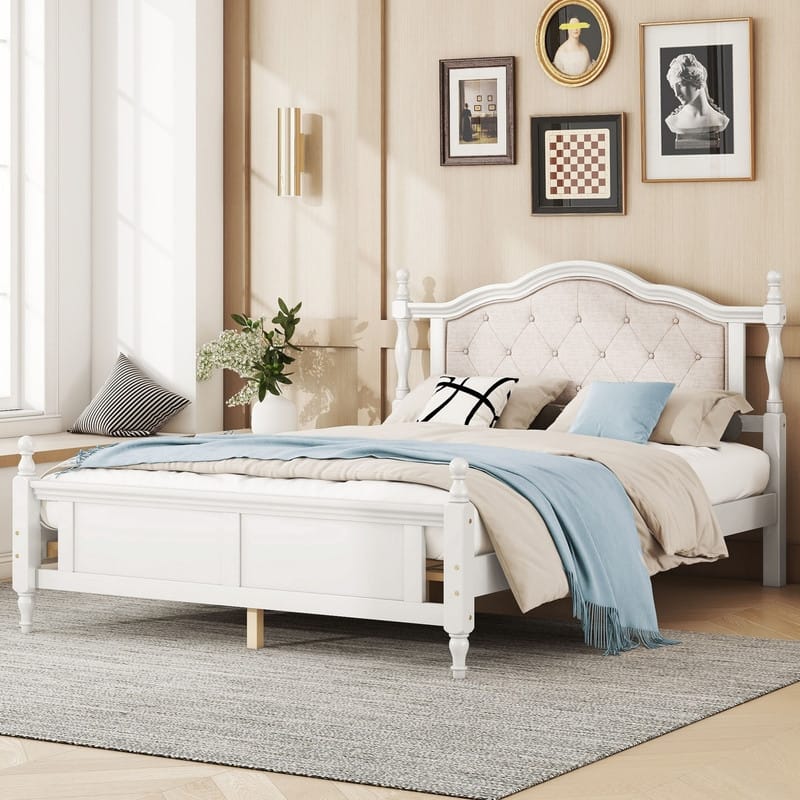 Pine Wooden Platform Bed with Upholstered Headboard and Panel Footboard,Queen Size